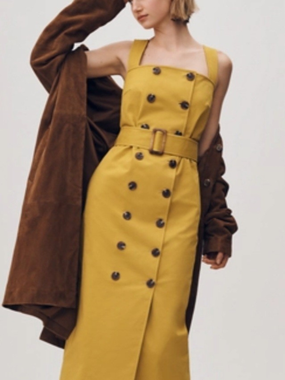 Double-Breasted Mustard Midi Dress with Belted Waist